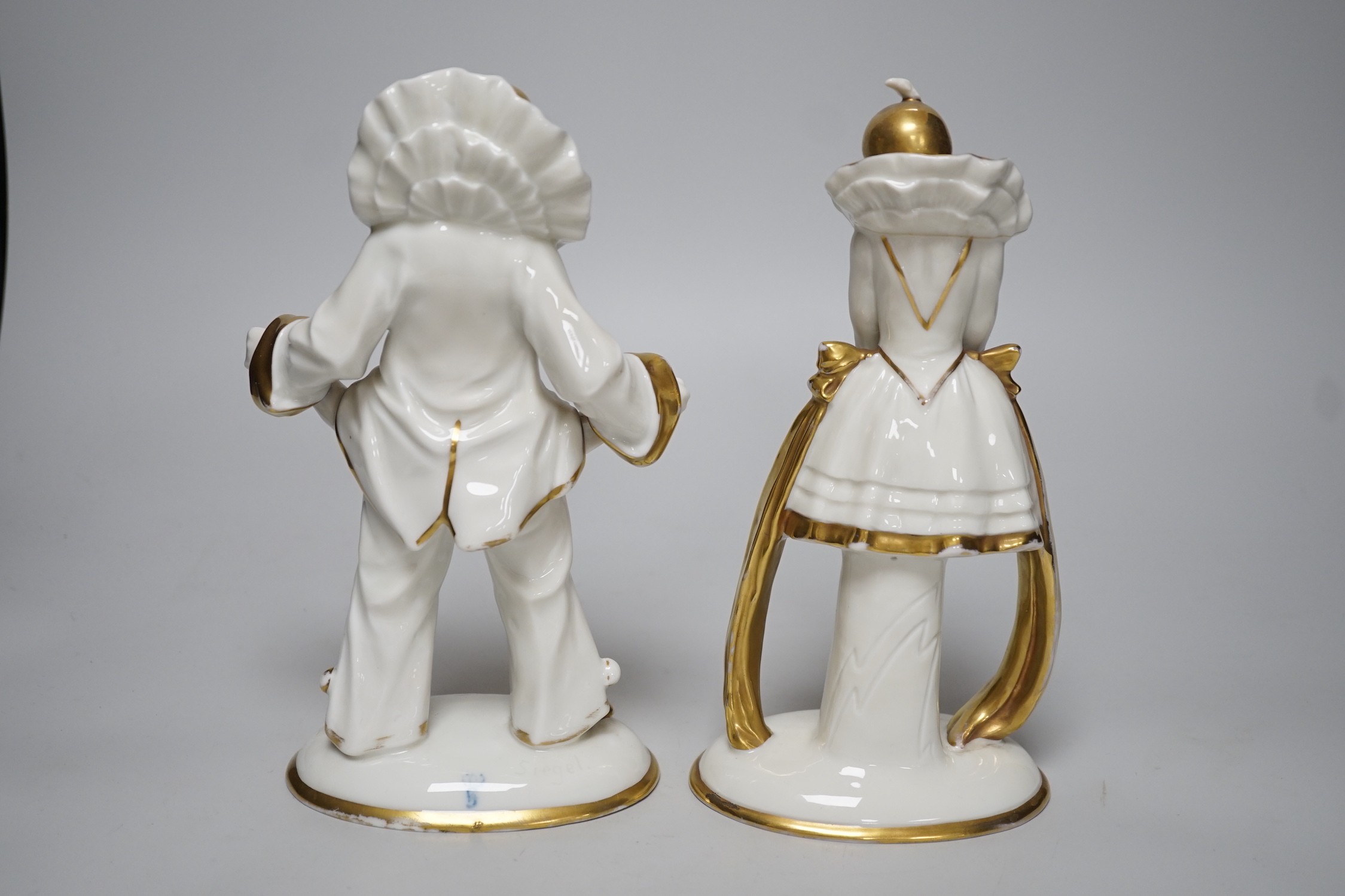 A pair of Sitzendorf Art Deco Pierrot figures, tallest 23cms high